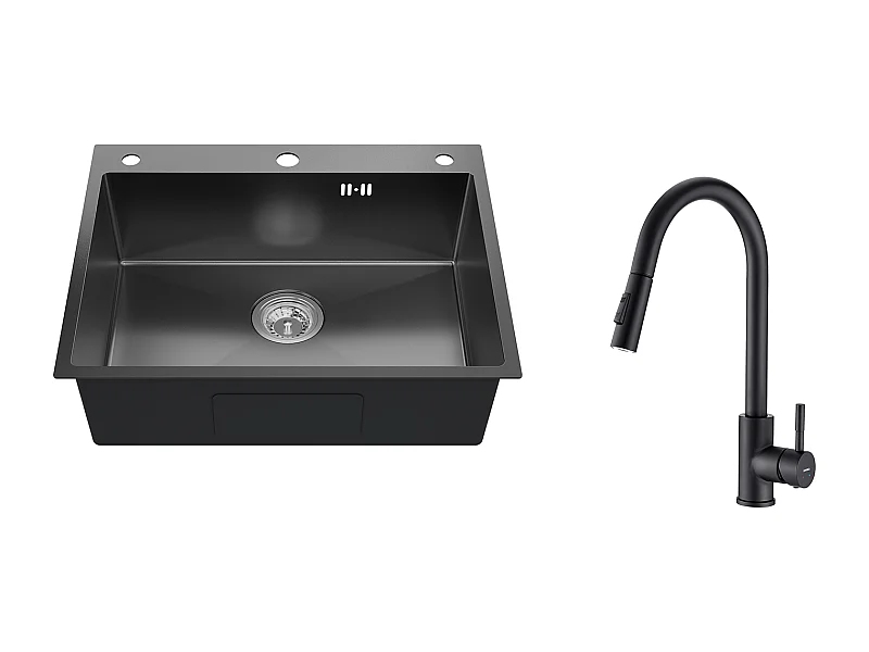 Auralum max Évier de Cuisine à Encastrer,1 Bac,60*49*20CM,Acier inoxydable 304,Noir+Robinet Cuisine avec Douchette,Mitigeur EVIER Extractible,Noir