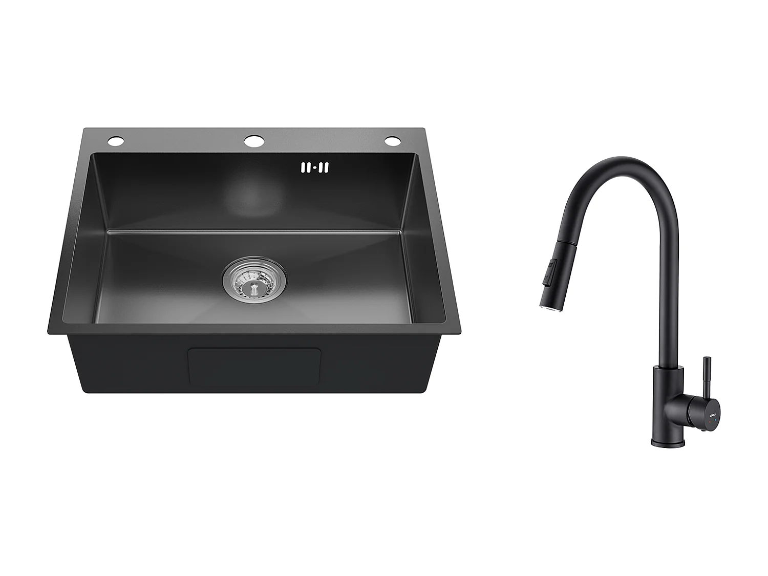 Auralum max Évier de Cuisine à Encastrer,1 Bac,60*49*20CM,Acier inoxydable 304,Noir+Robinet Cuisine avec Douchette,Mitigeur EVIER Extractible,Noir