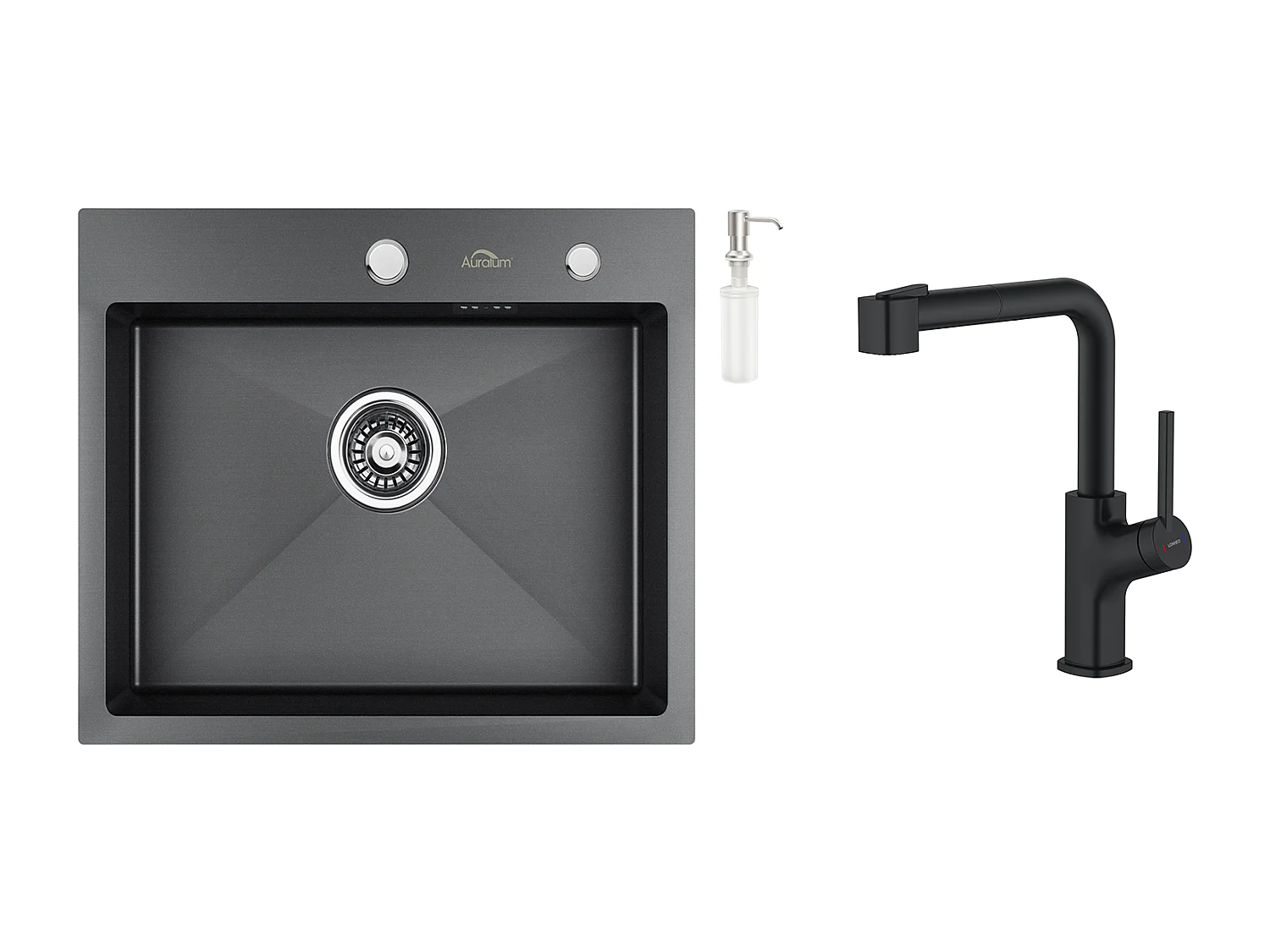 Évier Cuisine 1 Bac 55*45CM Noir+Robinet de Cuisine Noir,  Inox Extractible Rotatif à 360 °, 2 Fonctions avec Barboteur Démotable