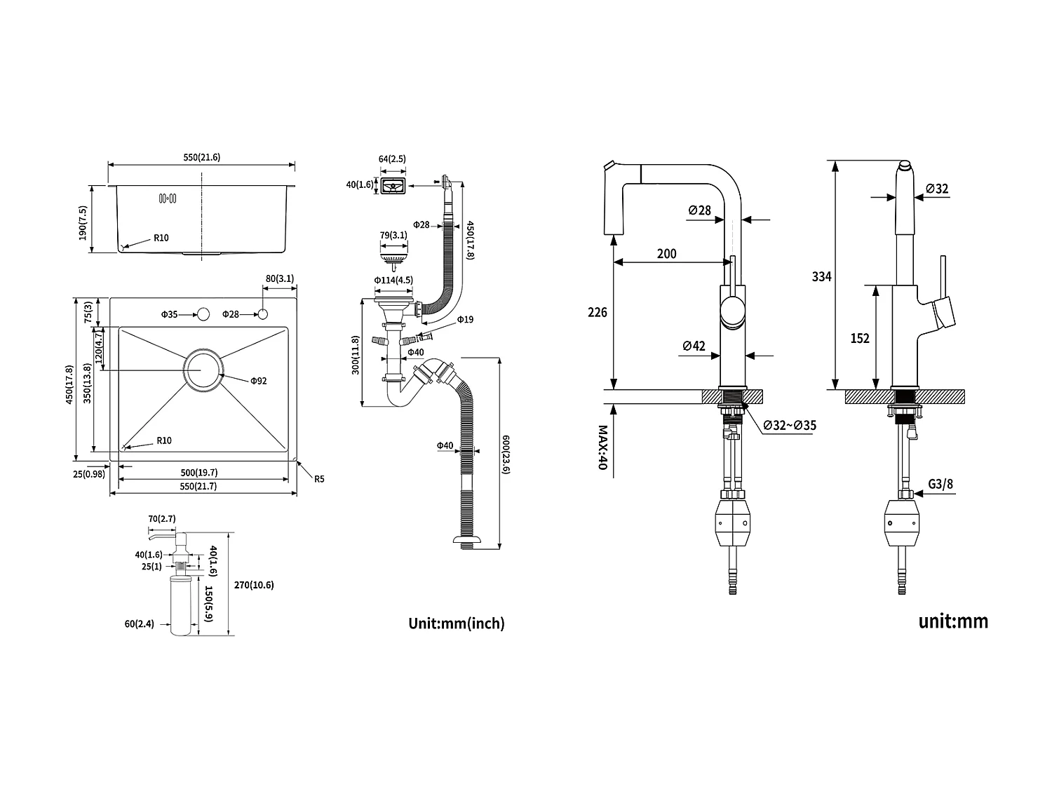 Évier Cuisine 1 Bac 55*45CM Noir+Robinet de Cuisine Noir,  Inox Extractible Rotatif à 360 °, 2 Fonctions avec Barboteur Démotable