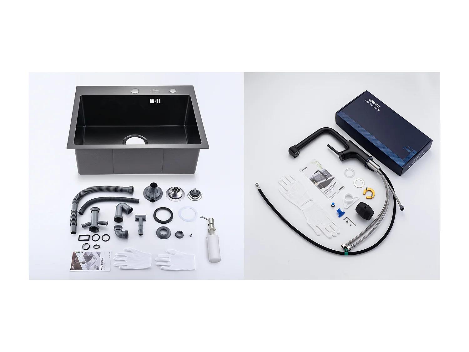 Évier Cuisine 1 Bac 55*45CM Noir+Robinet de Cuisine Noir,  Inox Extractible Rotatif à 360 °, 2 Fonctions avec Barboteur Démotable