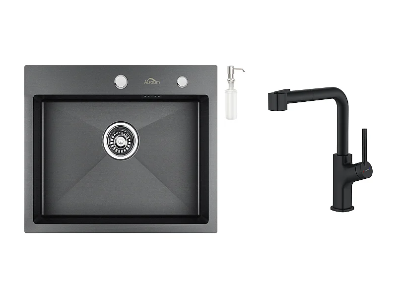 Lavello Cucina 1 Vassoio 55*45CM Nero+Rubinetto da Cucina Nero, Acciaio Inox Estraibile Rotativo a 360 °, 2 Funzioni con Sguazzo Demotable