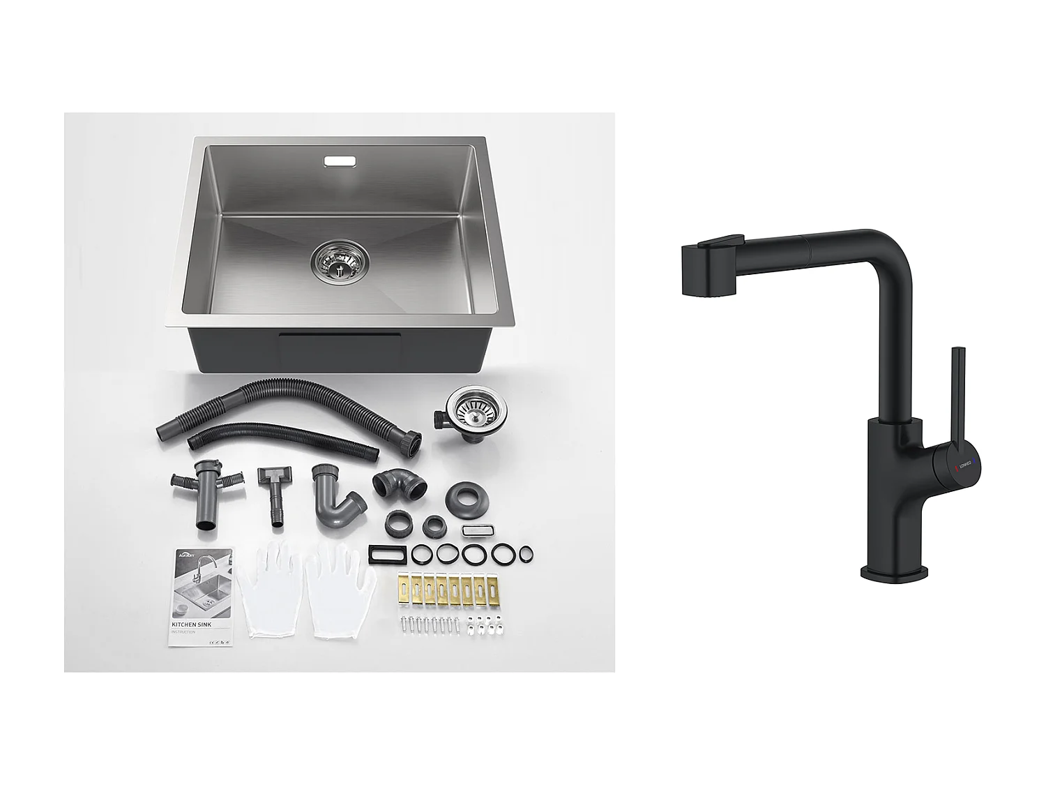 2 en1 Évier de Cuisine 1 Bac 55*44*19CM, à Encastrer/Fleur/ Sous-Plan, Brossé+ + Robinet de Cuisine Inox Extractible Rotatif à 360 °, Noir