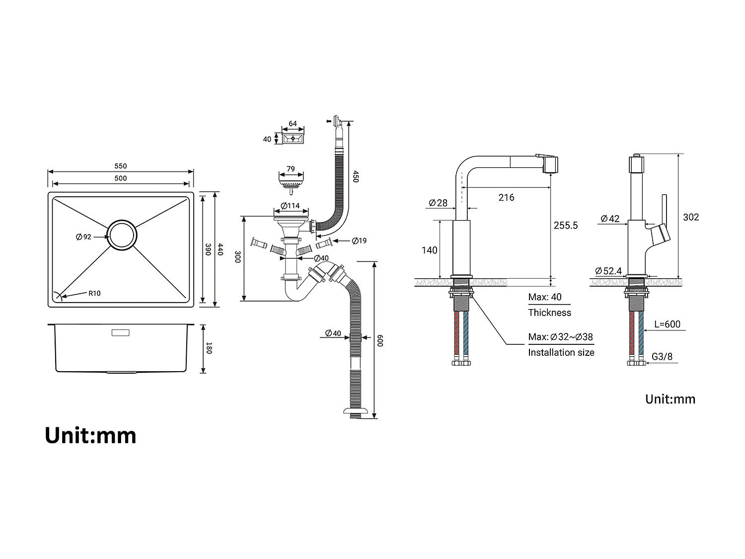 2 en1 Évier de Cuisine 1 Bac 55*44*19CM, à Encastrer/Fleur/ Sous-Plan, Brossé+ + Robinet de Cuisine Inox Extractible Rotatif à 360 °, Noir