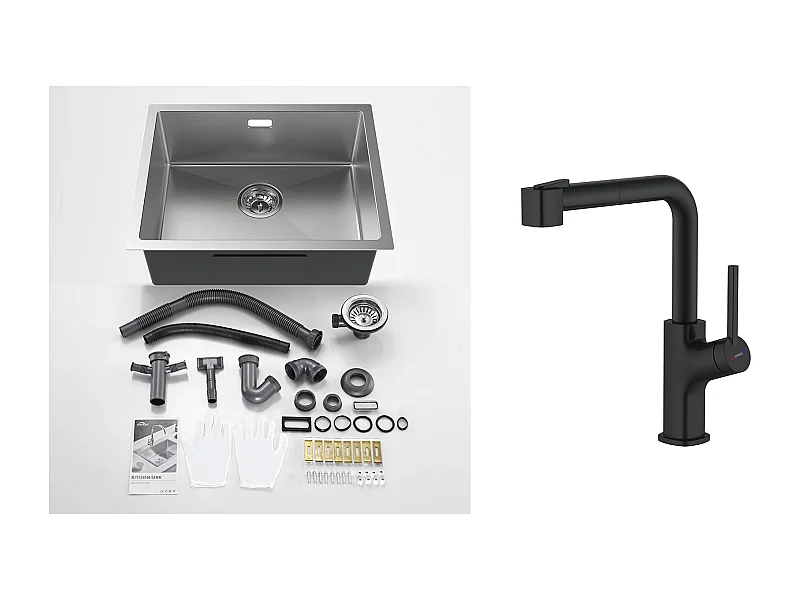 2 en1 Évier de Cuisine 1 Bac 55*44*19CM, à Encastrer/Fleur/ Sous-Plan, Brossé+ + Robinet de Cuisine Inox Extractible Rotatif à 360 °, Noir