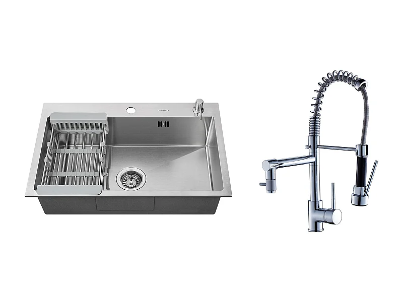 2 en1 Évier Cuisine Brossé 68x45x19CM aveDistrubuteur savon/ Égouttoir panier+Robinet Cuisine Rotatif 360° Douchette Extractible