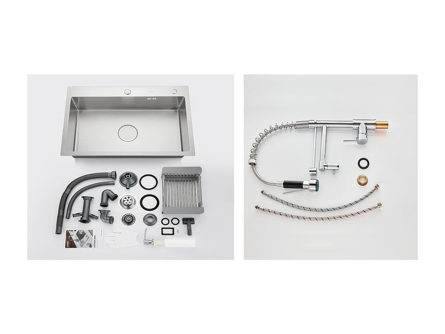 2 en1 Évier Cuisine Brossé 68x45x19CM aveDistrubuteur savon/ Égouttoir panier+Robinet Cuisine Rotatif 360° Douchette Extractible