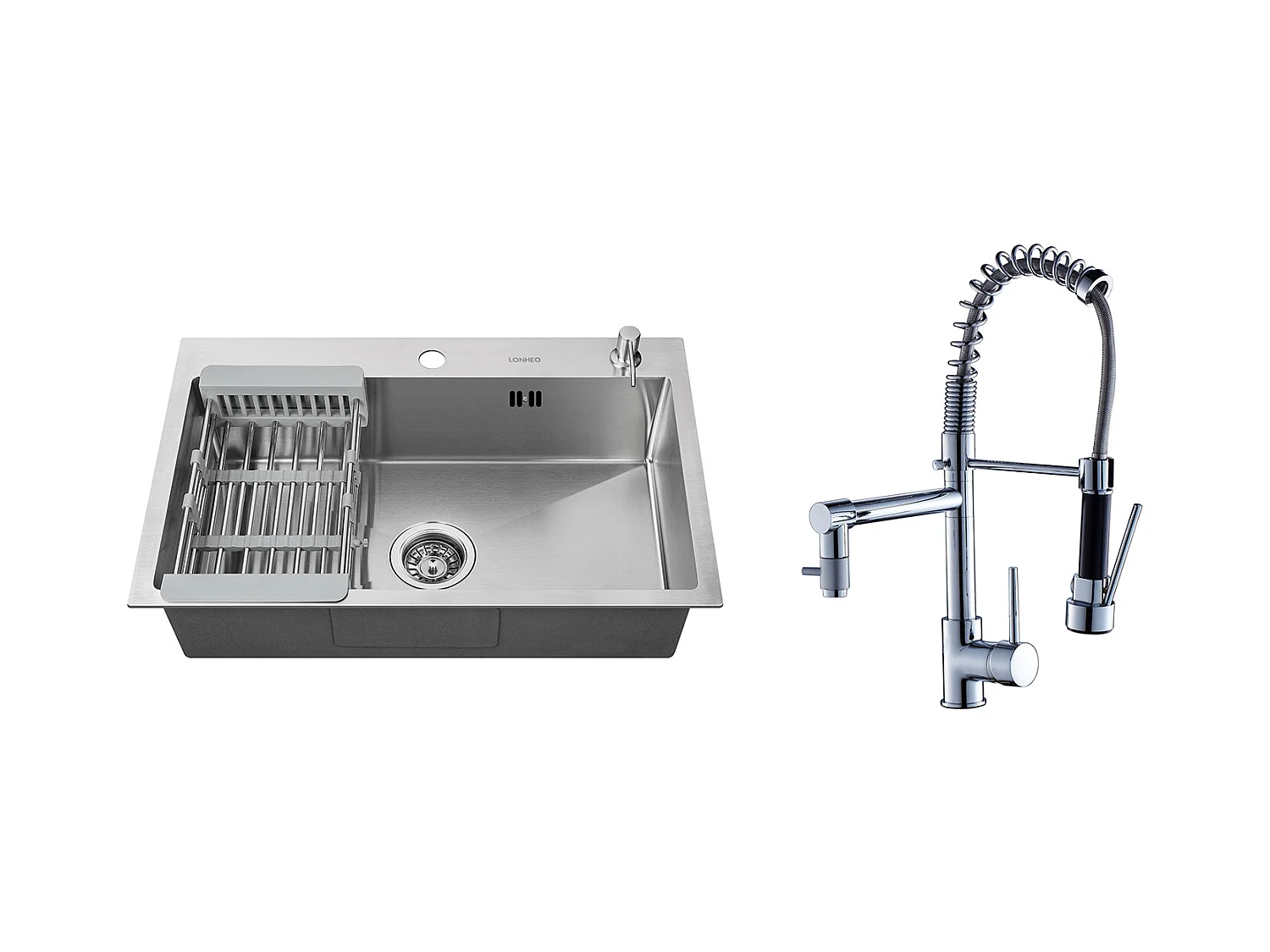 2 en1 Évier Cuisine Brossé 68x45x19CM aveDistrubuteur savon/ Égouttoir panier+Robinet Cuisine Rotatif 360° Douchette Extractible