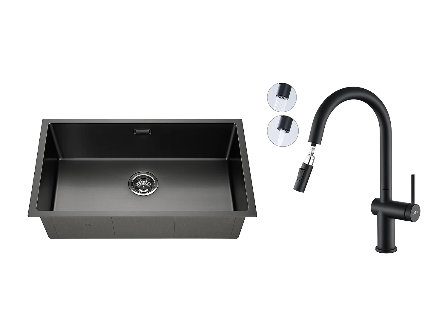 Évier Cuisine 1 Bac 74*44*20CM,en Inox Brossé avec Siphon et Trop-Plein+robinet de cuisine rétractable à deux fonctions, Noir