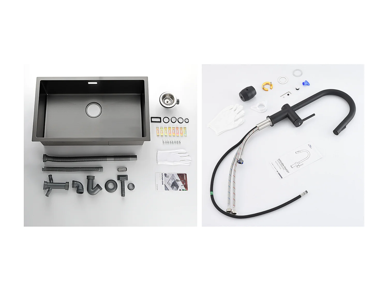 Évier Cuisine 1 Bac 74*44*20CM,en Inox Brossé avec Siphon et Trop-Plein+robinet de cuisine rétractable à deux fonctions, Noir