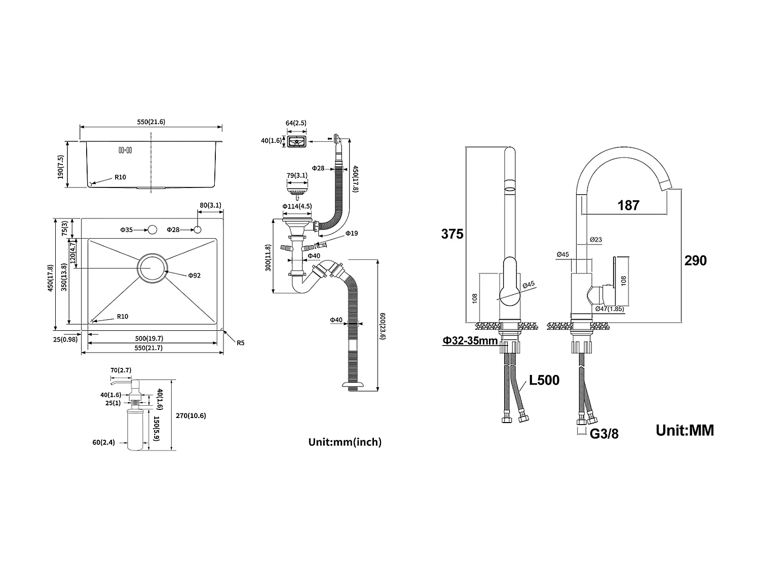 Lavello Cucina 1 Vassoio 55*45CM Nero+Rubinetto Cucina Girevole a 360° con Acqua Calda/Fredda, Cromato
