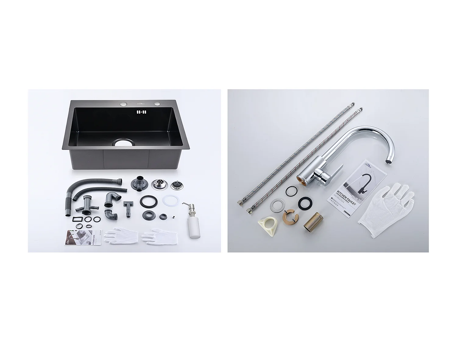 Lavello Cucina 1 Vassoio 55*45CM Nero+Rubinetto Cucina Girevole a 360° con Acqua Calda/Fredda, Cromato