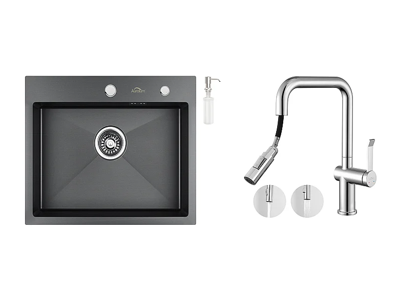 Fregadero Cocina 1 Bandeja 55*45CM Negro + Grifo de Cocina con Ducha Extraíble Rotativa 360 °,2 Funciones, Rompedor desmontab