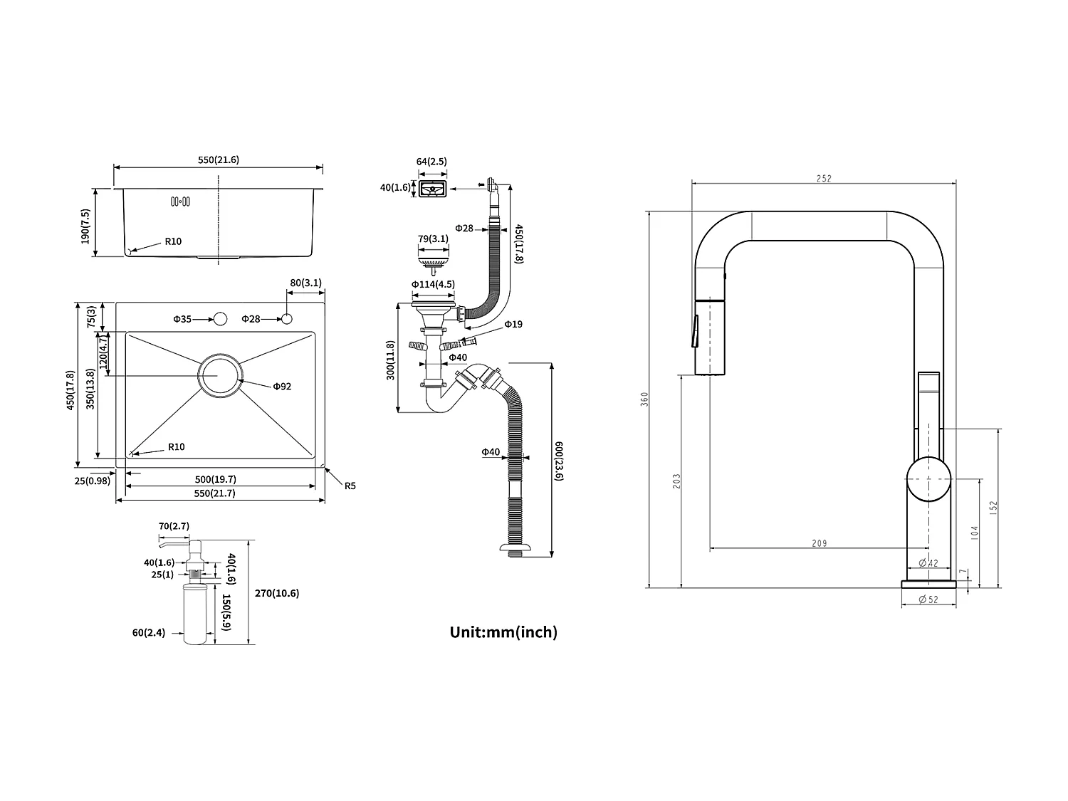   Évier Cuisine 1 Bac 55*45CM Noir +Robinet de Cuisine avec Douchette Extractible Rotatif 360 °,2 Fonctions, Barboteur démontab