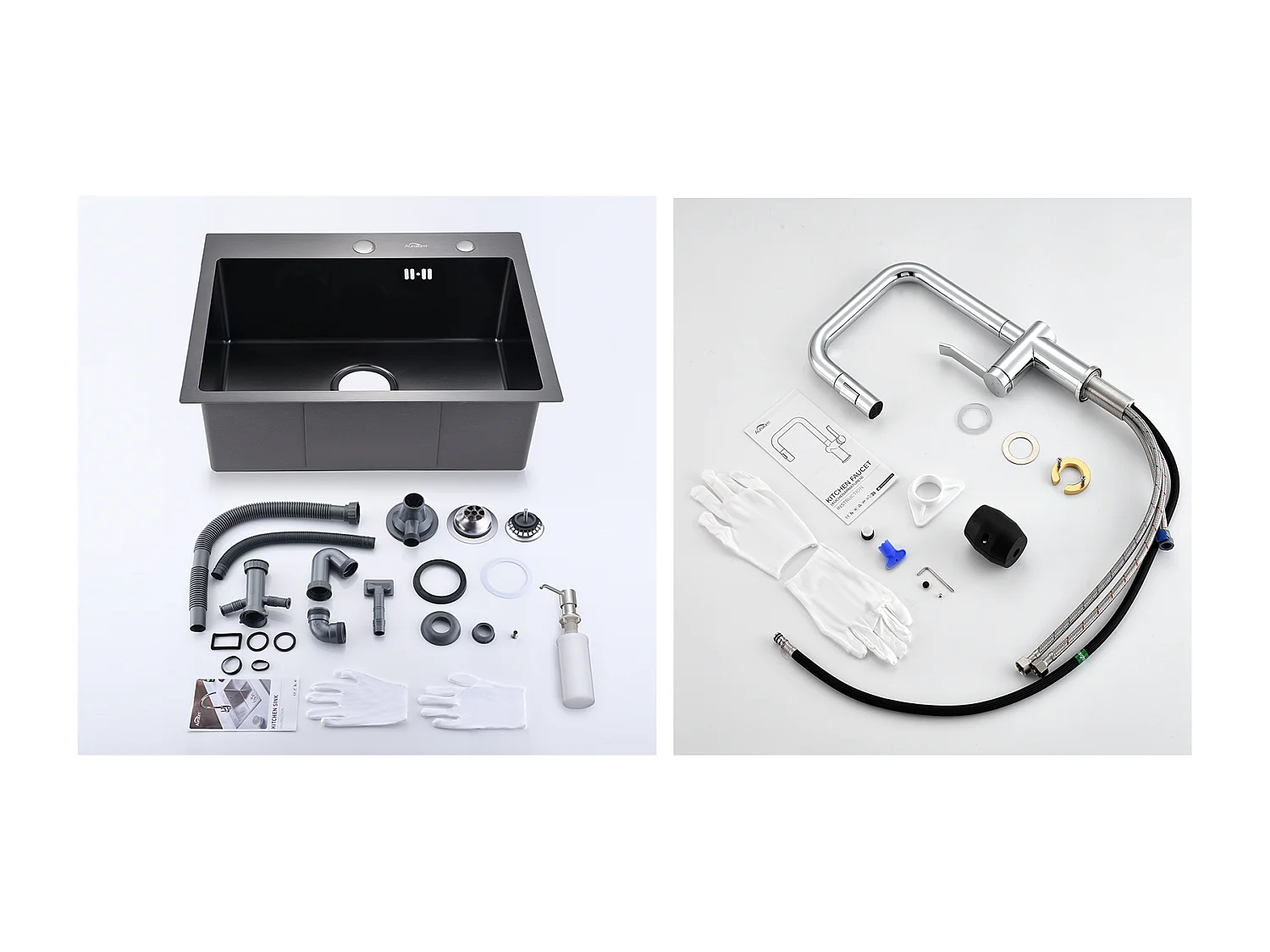1 Becken Küchenspüle 55*45CM Schwarz + Küchenarmatur mit ausziehbarer Brause 360° drehbar, 2 Funktionen, abnehmbarer Sprudel