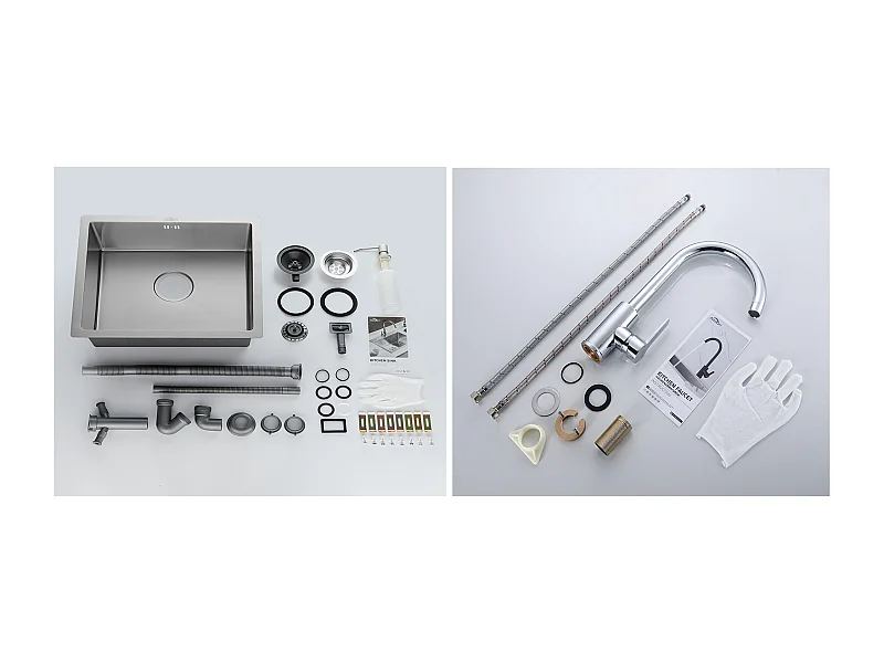 Évier de Cuisine Inox 1 Bac 50*43*18CM avec Distributeur de Savon+Robinet Cuisine Pivotant à 360° avec Eau Chaude/Froide, Chromé