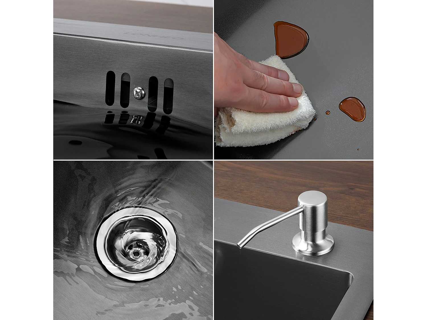 2en1 Évier Cuisine Noir 68x45x19CM avec Distrubuteur savon et Égouttoir panier +Robinet Cuisine Flexible Bec Haut Orientable Librement, Blanc