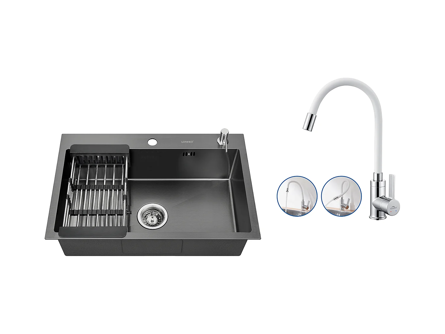 Lavello Cucina Nero 68x45x19CM con Distributore di sapone e scolapiatti cestino+Rubinetto Cucina Flessibile Becco Alto Orientabile Liberamente,Bianco