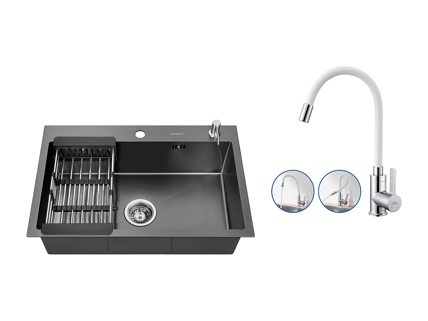 2en1 Évier Cuisine Noir 68x45x19CM avec Distrubuteur savon et Égouttoir panier +Robinet Cuisine Flexible Bec Haut Orientable Librement, Blanc