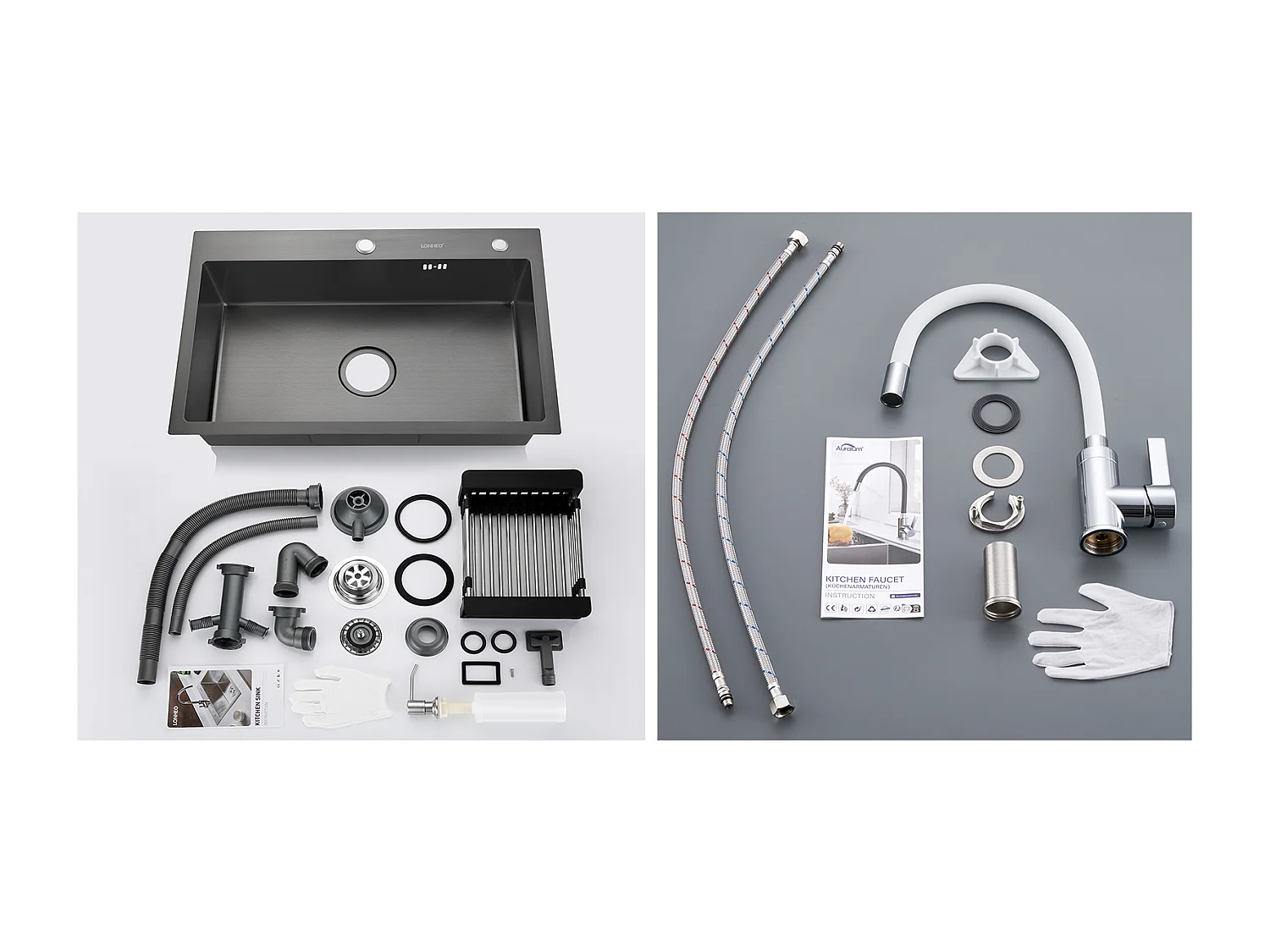 2en1 Évier Cuisine Noir 68x45x19CM avec Distrubuteur savon et Égouttoir panier +Robinet Cuisine Flexible Bec Haut Orientable Librement, Blanc