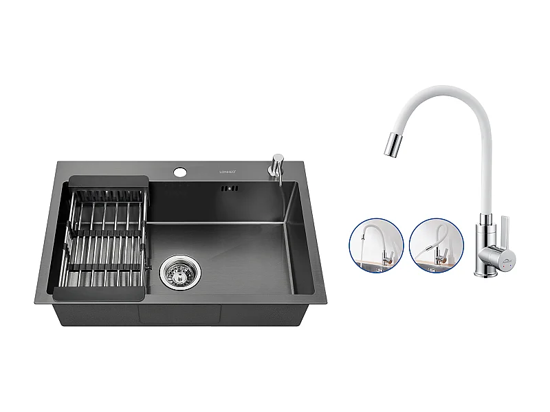 2en1 Évier Cuisine Noir 68x45x19CM avec Distrubuteur savon et Égouttoir panier +Robinet Cuisine Flexible Bec Haut Orientable Librement, Blanc