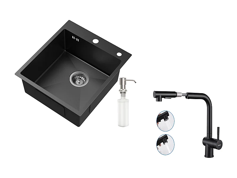 Évier de Cuisine 1 Bac Noir,Inox,44*49*20 CM,avec Distributeur de Savon+Robinet Cuisine Douchette Extractible Deux Jets Pivotant 360°,Noir