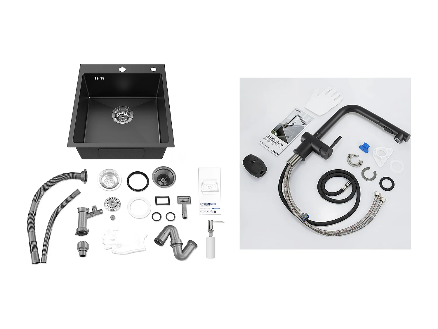 Aanrecht 1 Bak Zwart, Roestvrij Staal, 44*49*20 CM, Met Zeepdispenser + Keukenkraan Uittrekbare Douche Twee Jets Draaibaar 360°, Zwart