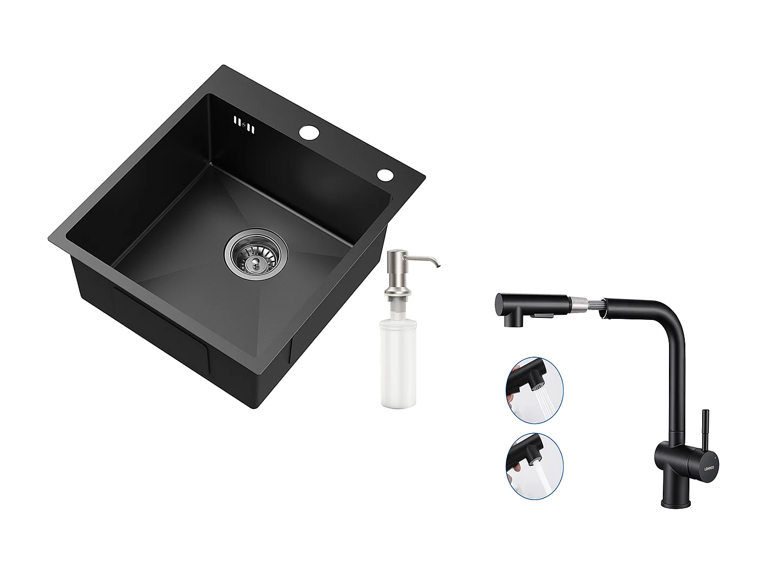 Fregadero de cocina 1 Bac Noir,Inox,44*49*20 CM,con Dispensador de Jabón+Grifo Cocina Ducha Extraíble Dos Jets Giratorio 360°,Negro