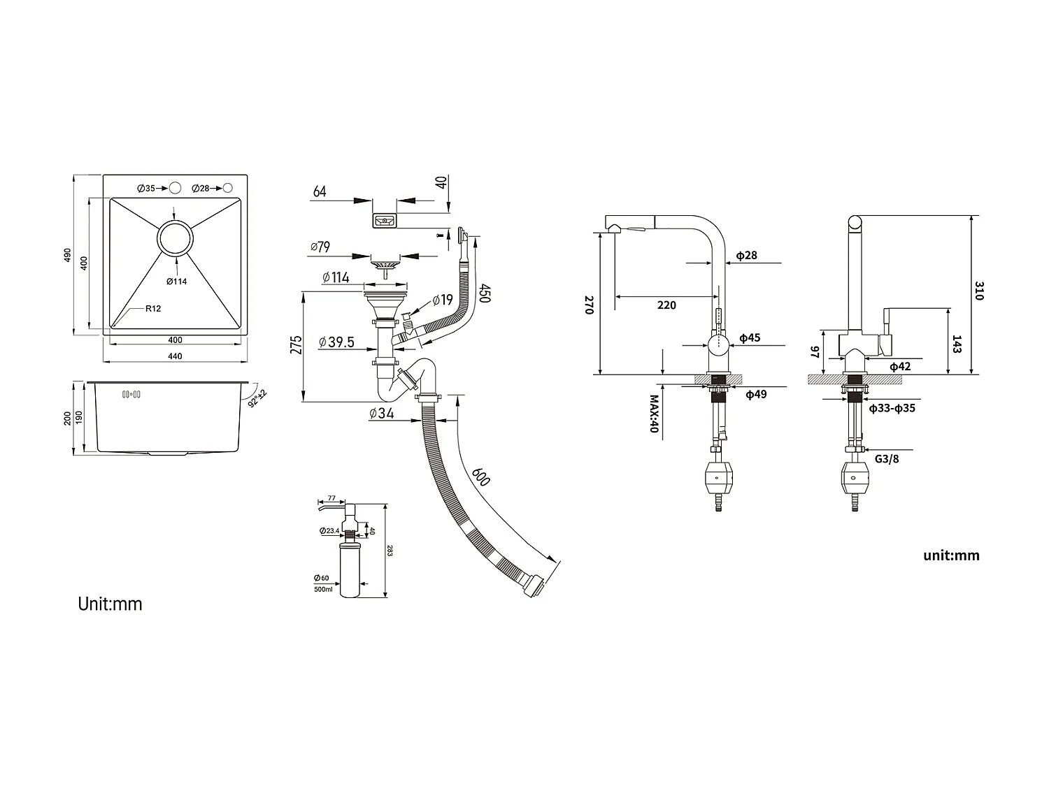 Fregadero de cocina 1 Bac Noir,Inox,44*49*20 CM,con Dispensador de Jabón+Grifo Cocina Ducha Extraíble Dos Jets Giratorio 360°,Negro