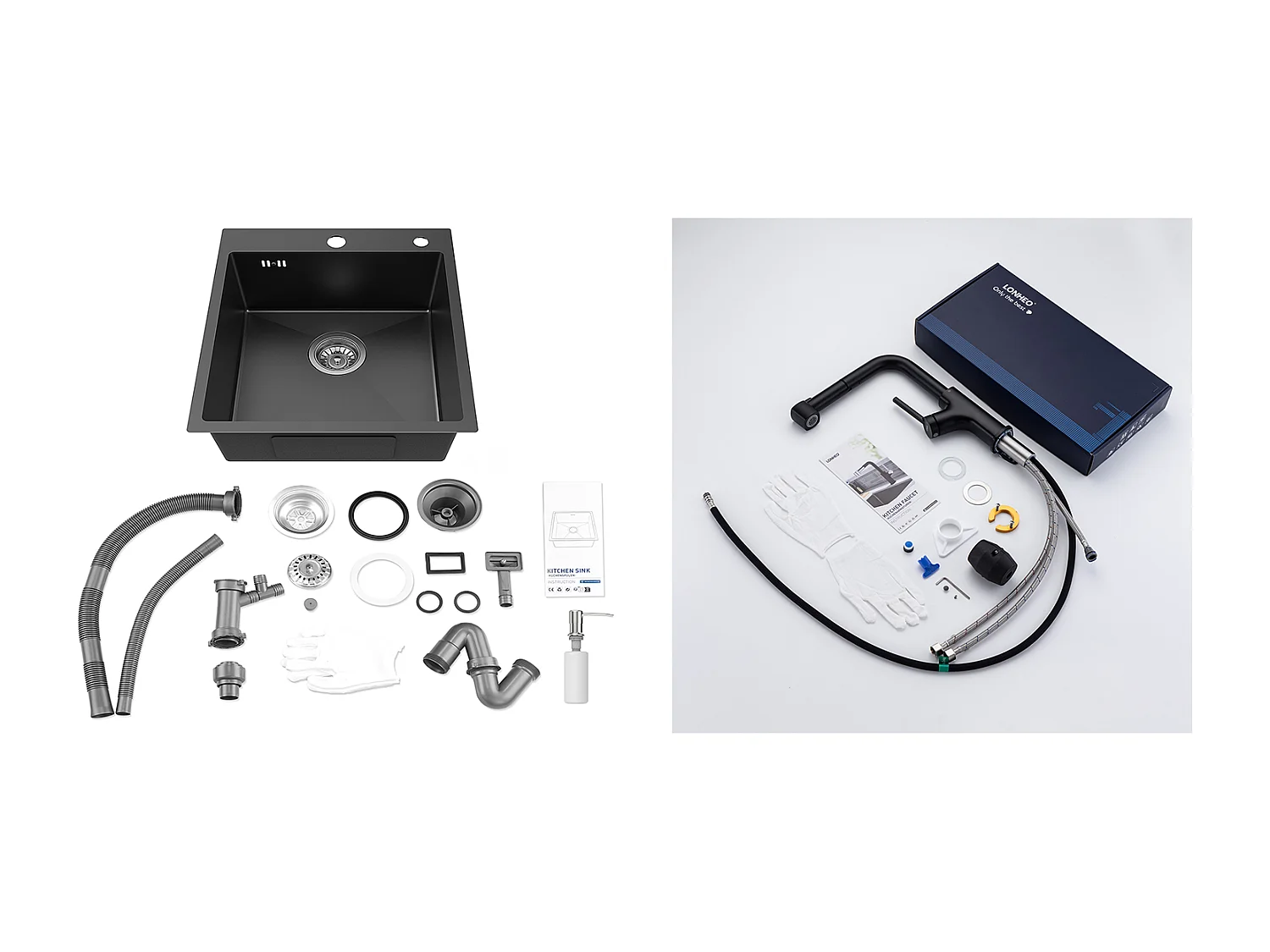 Becken Grau-Schwarze Küchenspüle, Edelstahl, 44*49*20 CM, mit Seifenspender, + Schwarzer Küchenhahn mit ausziehbarer Brause