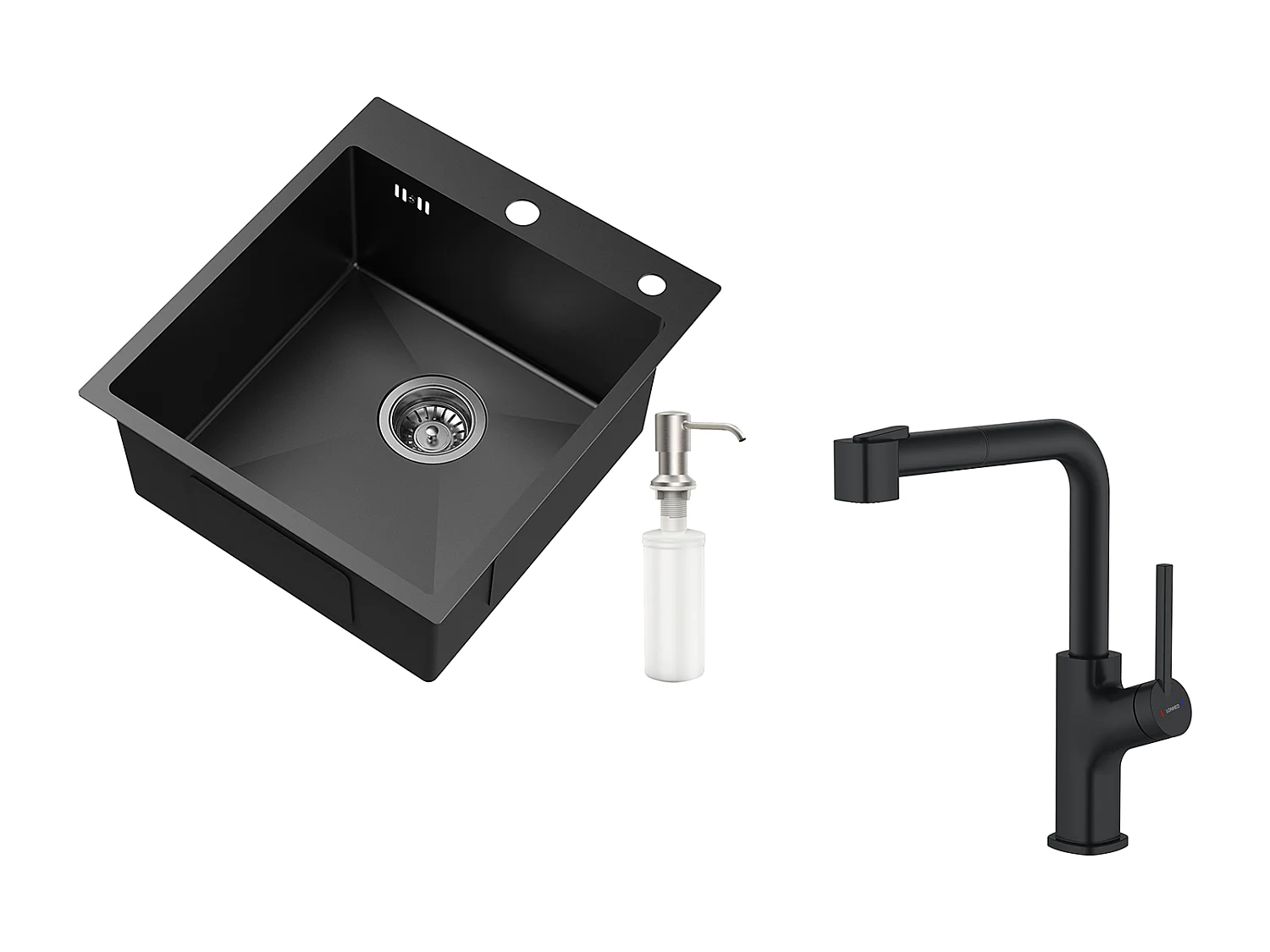 Évier de Cuisine 1 Bac Gris-Noir,Inox,44*49*20 CM,avec Distributeur de Savon,+Robinet de Cuisine Noir avec Douchette Extractible