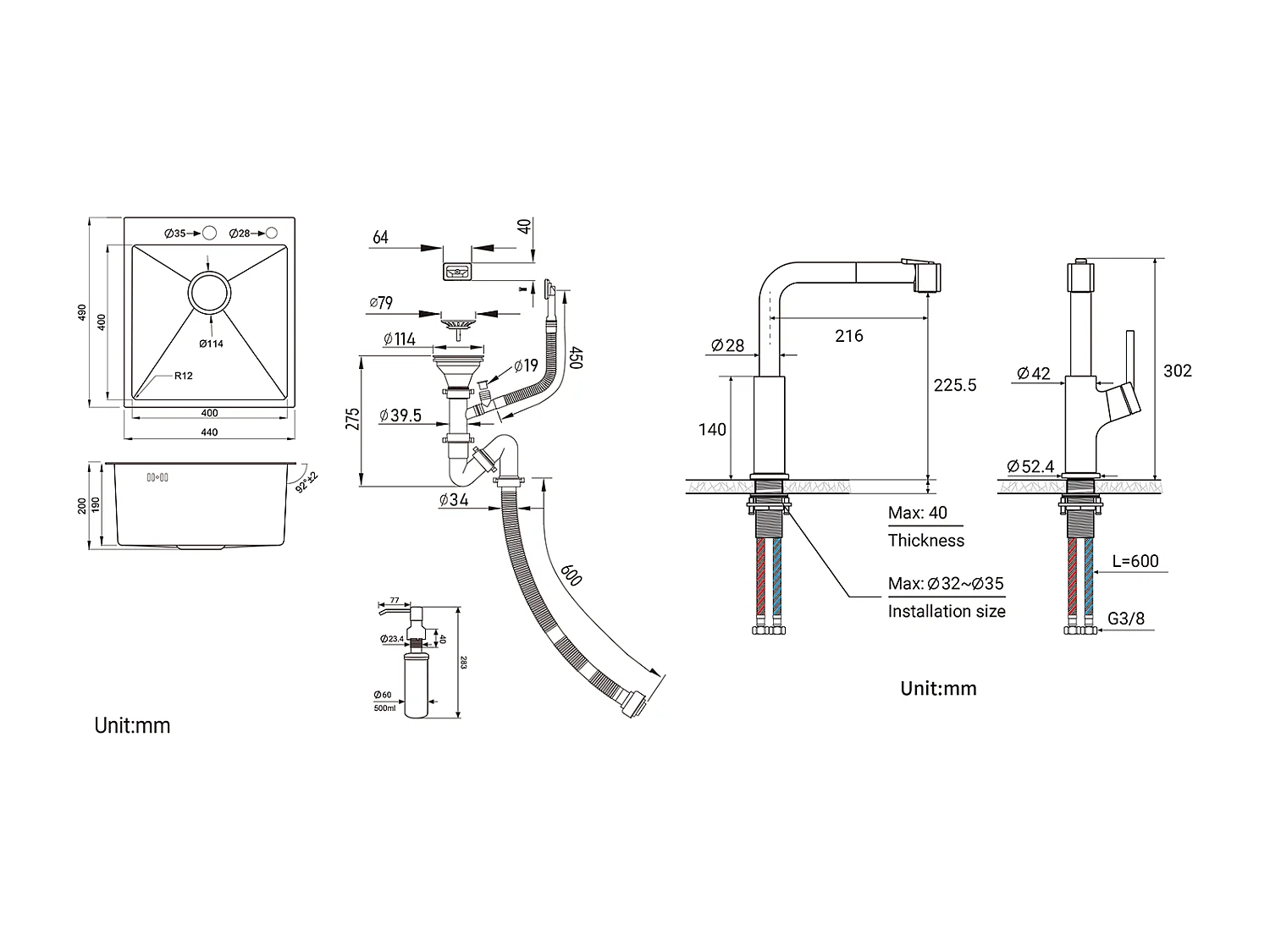 Évier de Cuisine 1 Bac Gris-Noir,Inox,44*49*20 CM,avec Distributeur de Savon,+Robinet de Cuisine Noir avec Douchette Extractible