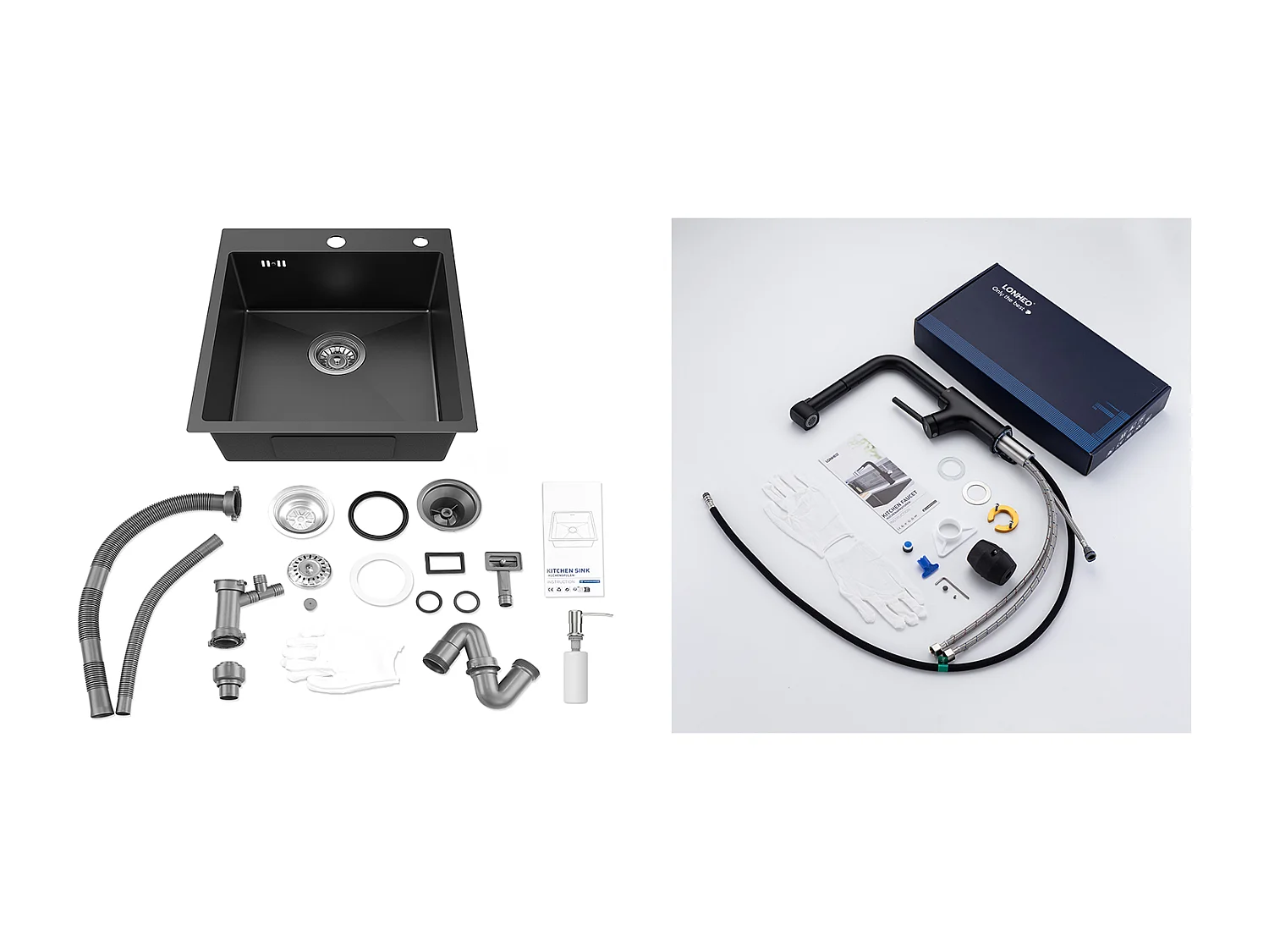 Évier de Cuisine 1 Bac Gris-Noir,Inox,44*49*20 CM,avec Distributeur de Savon,+Robinet de Cuisine Noir avec Douchette Extractible