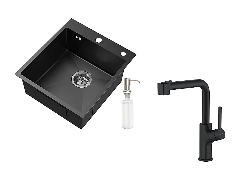 Évier de Cuisine 1 Bac Gris-Noir,Inox,44*49*20 CM,avec Distributeur de Savon,+Robinet de Cuisine Noir avec Douchette Extractible