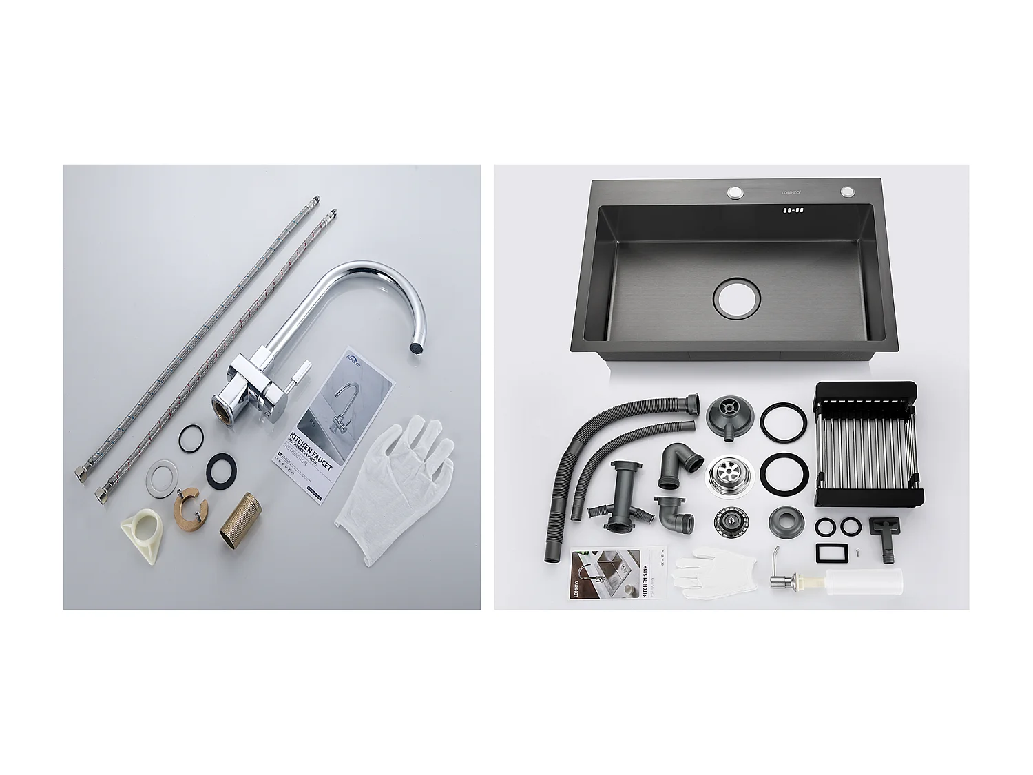 2-in-1-Küchenspüle, schwarz, 68 x 45 x 19 cm, mit Seifenspender und Abtropfkorb + 360° schwenkbarer Chrom-Küchenhahn, Kalt-/Warmwasser