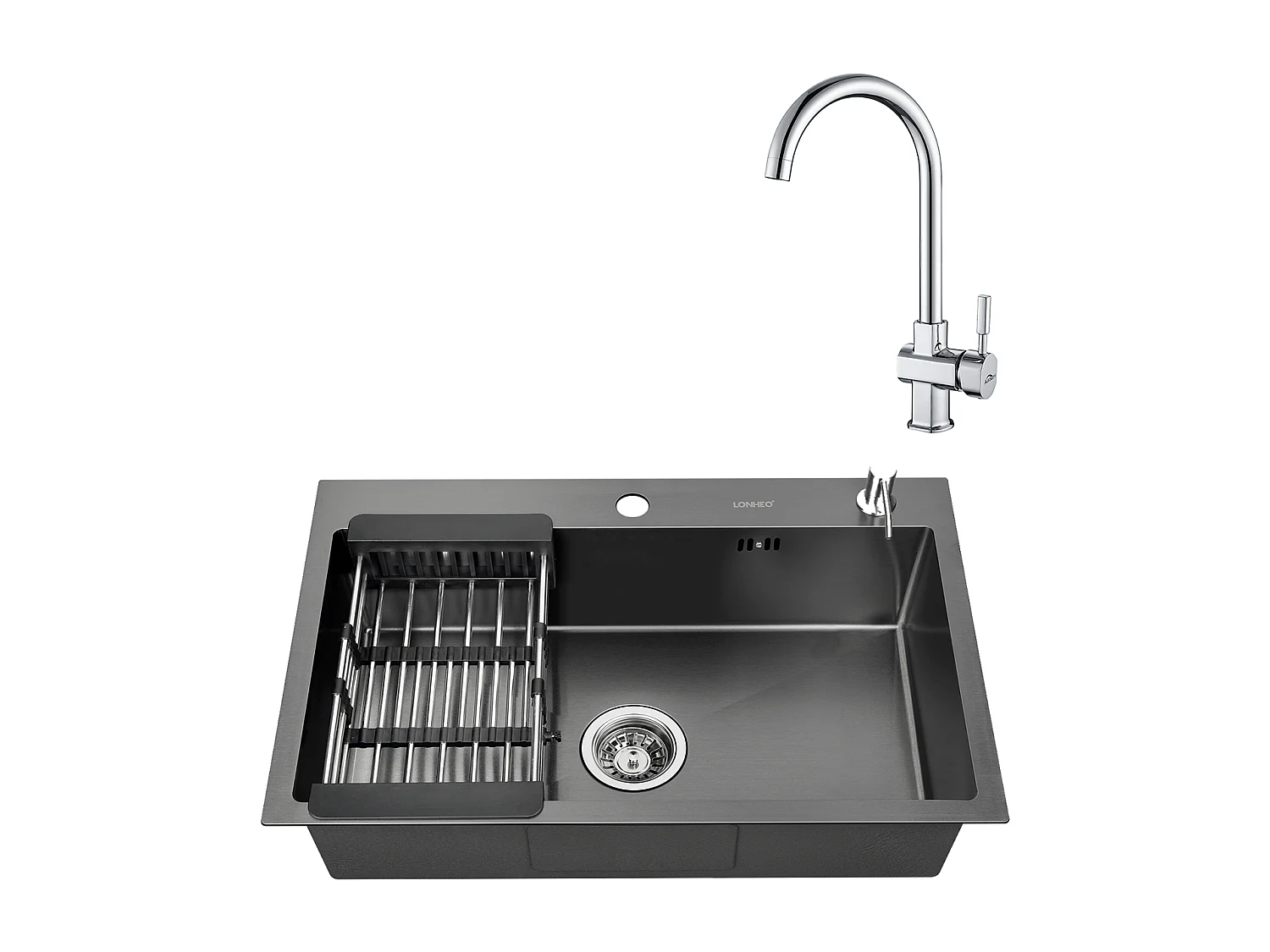 2 en 1 Évier de Cuisine Noir 68x45x19CM avec Distrubuteur de savon et Égouttoir panier + Robinet de Cuisine Chromé Pivotant à 360°  Eau Froide /Chaude