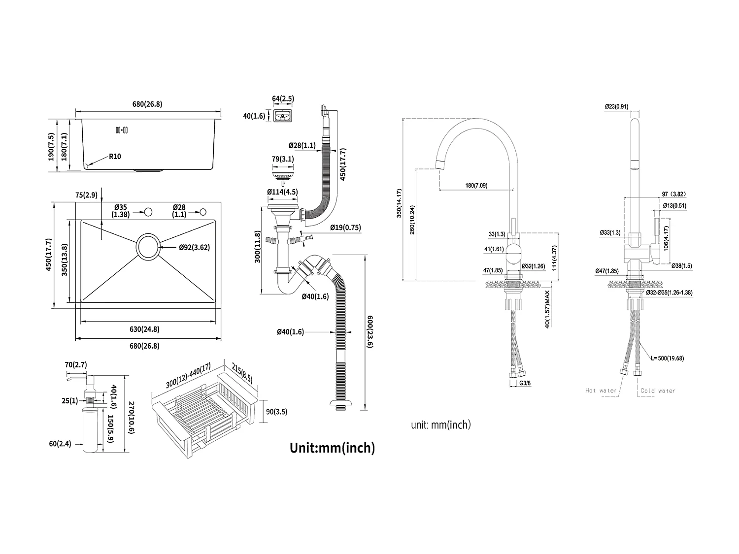 2 en 1 Évier de Cuisine Noir 68x45x19CM avec Distrubuteur de savon et Égouttoir panier + Robinet de Cuisine Chromé Pivotant à 360°  Eau Froide /Chaude