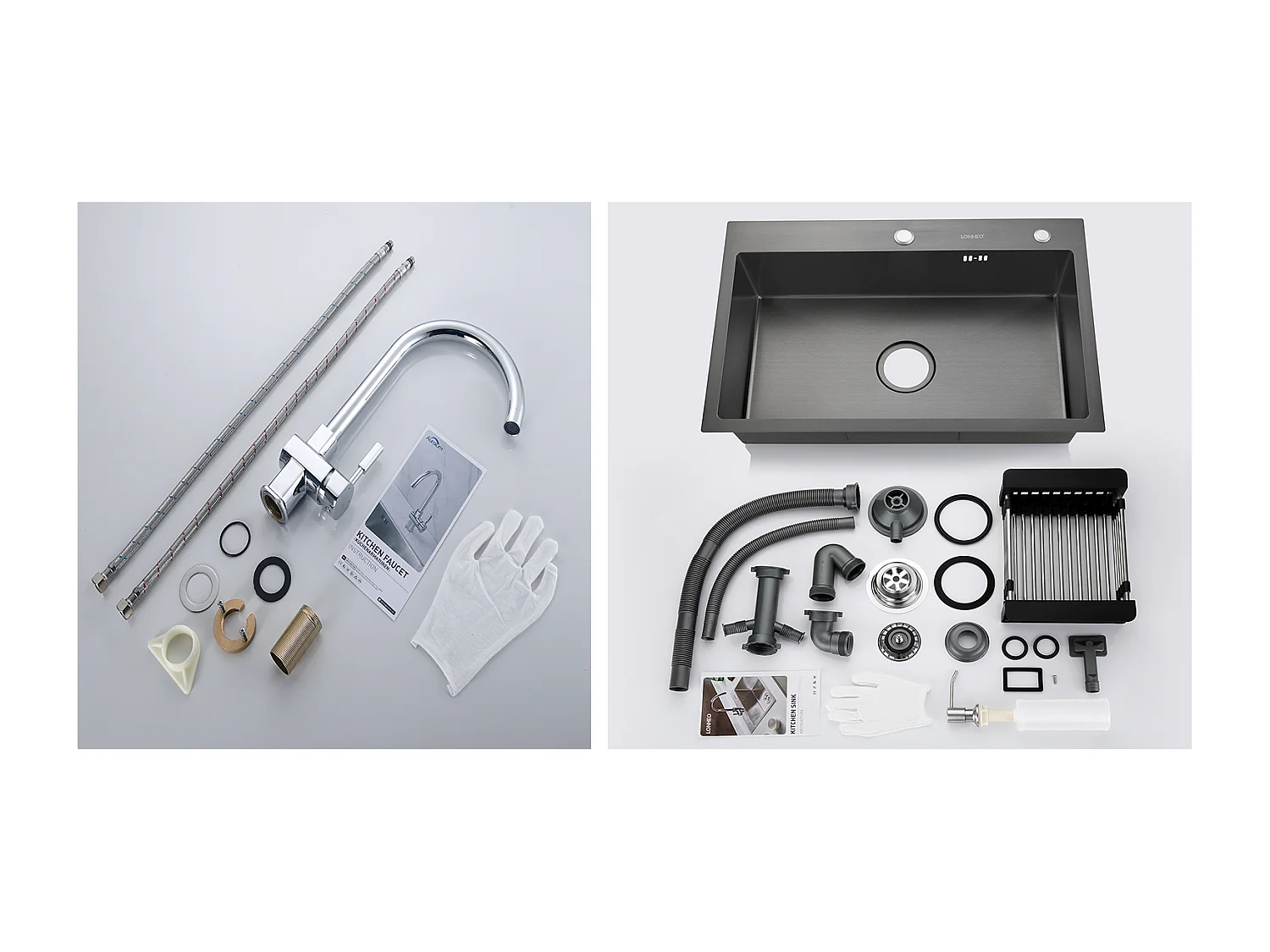 2 en 1 Évier de Cuisine Noir 68x45x19CM avec Distrubuteur de savon et Égouttoir panier + Robinet de Cuisine Chromé Pivotant à 360°  Eau Froide /Chaude