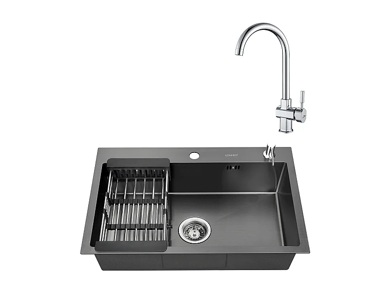 2 en 1 Évier de Cuisine Noir 68x45x19CM avec Distrubuteur de savon et Égouttoir panier + Robinet de Cuisine Chromé Pivotant à 360°  Eau Froide /Chaude