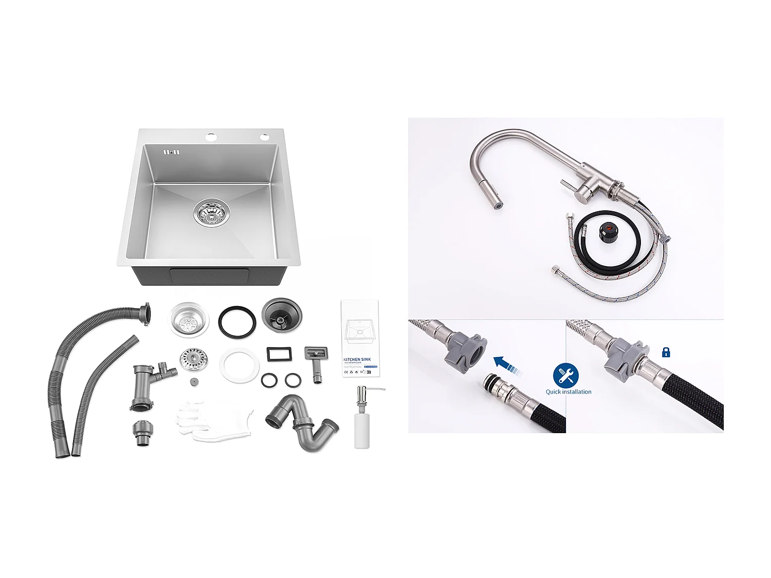 Évier Cuisine 1Bac Argent,44*49*20 CM,avec Distributeur Savon,Inox+Mitigeur de Cuisine avec Douchette Extensible,Rotatif à 360° 2 Modes,Brossé