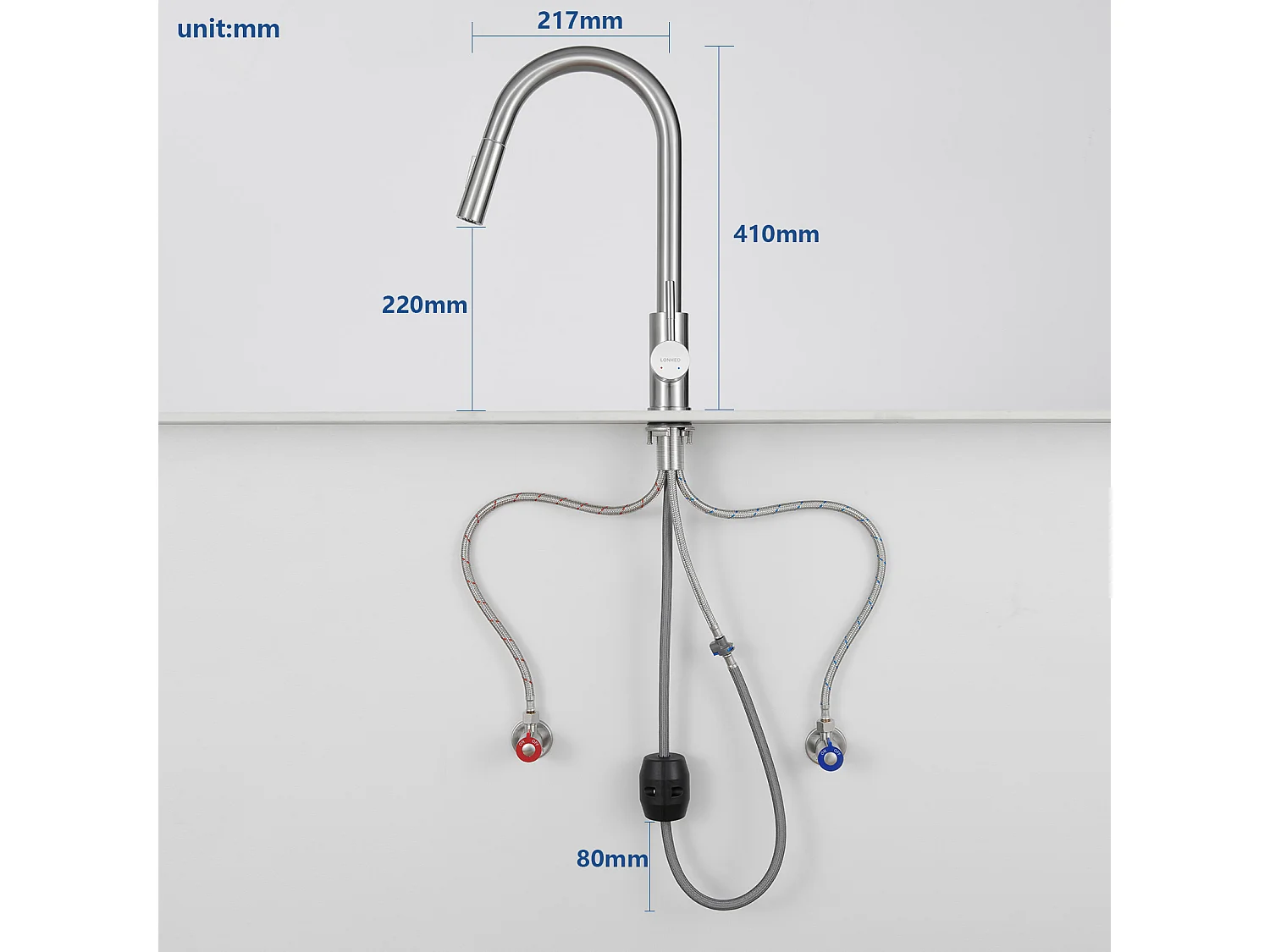 Évier Cuisine 1Bac Argent,44*49*20 CM,avec Distributeur Savon,Inox+Mitigeur de Cuisine avec Douchette Extensible,Rotatif à 360° 2 Modes,Brossé