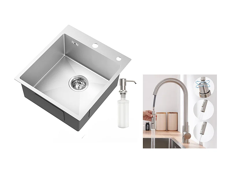 Évier Cuisine 1Bac Argent,44*49*20 CM,avec Distributeur Savon,Inox+Mitigeur de Cuisine avec Douchette Extensible,Rotatif à 360° 2 Modes,Brossé