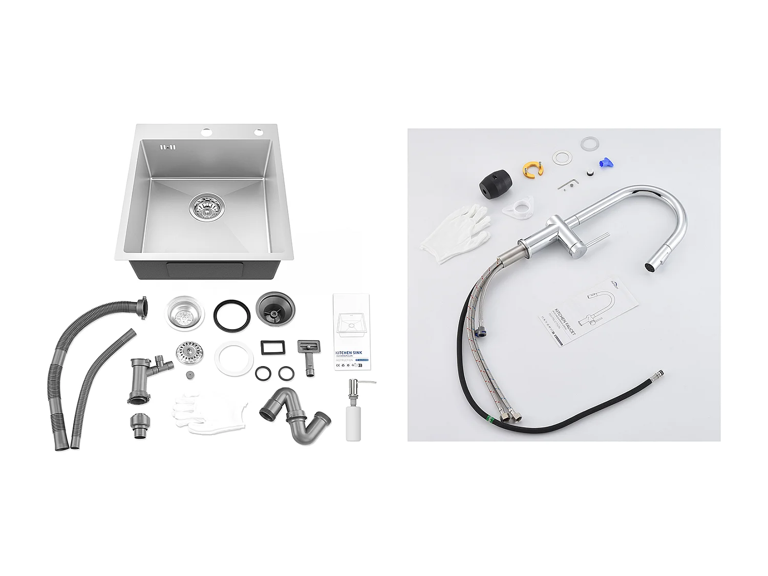 1-Beutel Silber Küchenspüle, 44*49*20 CM, mit Seifenspender, Edelstahl + Ausziehbarer Küchenarmatur mit Zwei Funktionen, Chrom