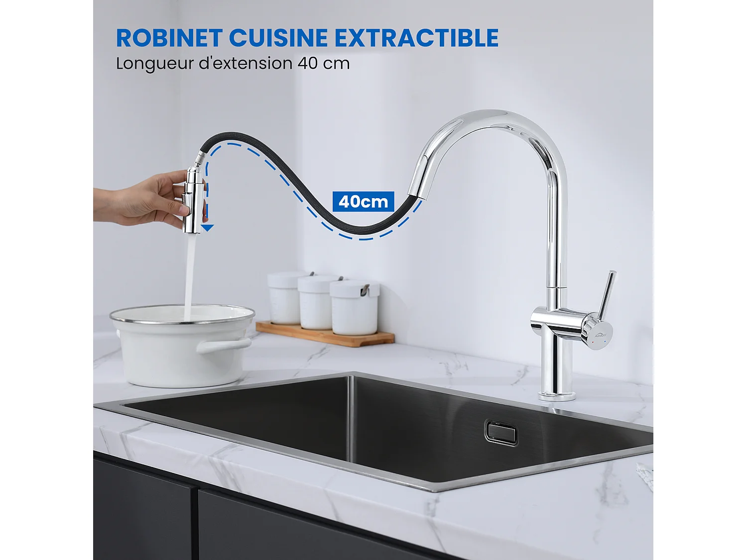 1-Beutel Silber Küchenspüle, 44*49*20 CM, mit Seifenspender, Edelstahl + Ausziehbarer Küchenarmatur mit Zwei Funktionen, Chrom