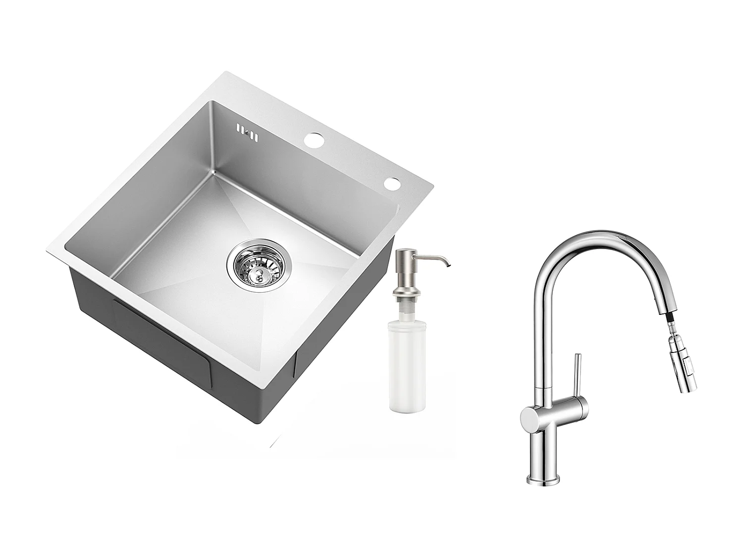 Fregadero Cocina 1Bac Plata,44*49*20 CM,con Dispensador de Jabón,Inox+Grifo de cocina retráctil de dos funciones, cromado