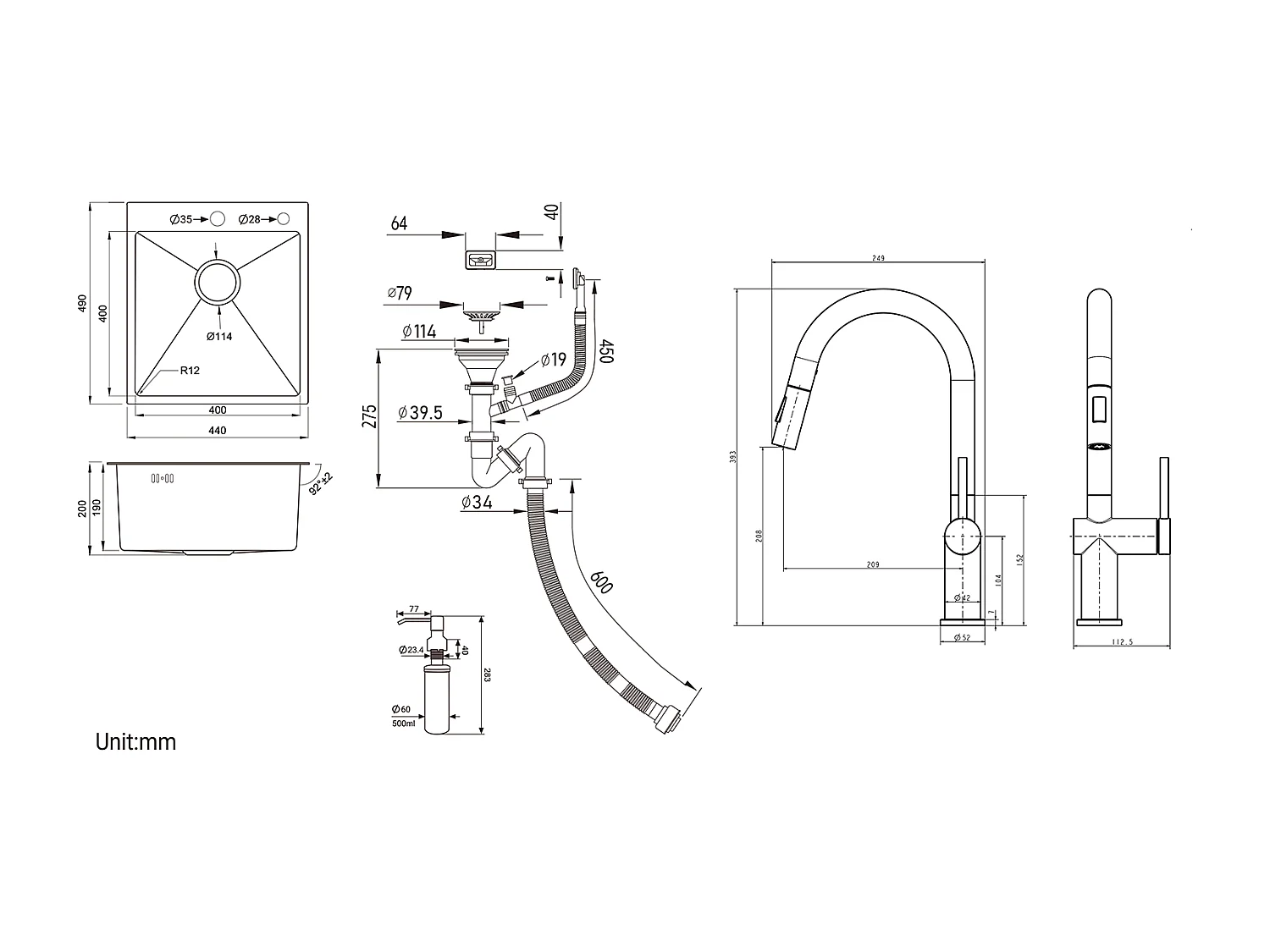 Aanrecht 1Bak Zilver,44*49*20 CM, met zeepdispenser, roestvrij staal + intrekbare keukenkraan met twee functies, chroom