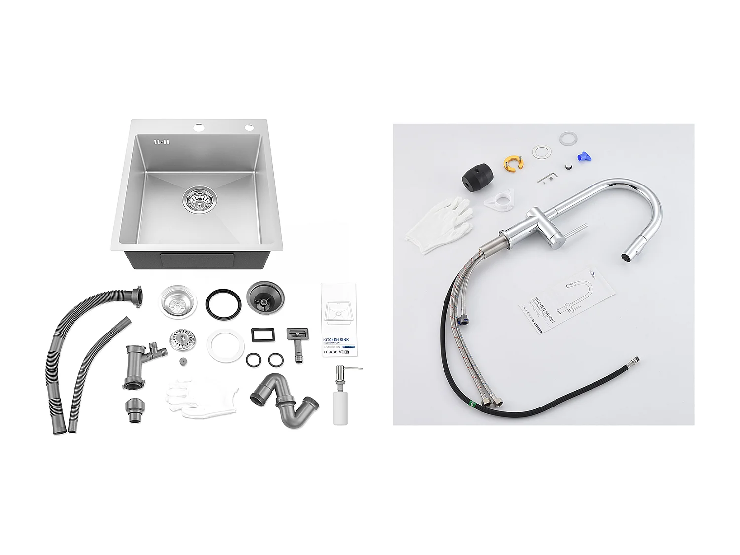 Aanrecht 1Bak Zilver,44*49*20 CM, met zeepdispenser, roestvrij staal + intrekbare keukenkraan met twee functies, chroom