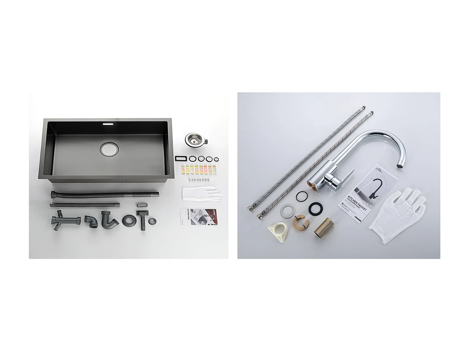 Évier Cuisine 1 Bac 74*44*20CM,en Inox Brossé avec Siphon et Trop-Plein+Robinet Cuisine Pivotant à 360° avec Eau Chaude/Froide, Chromé