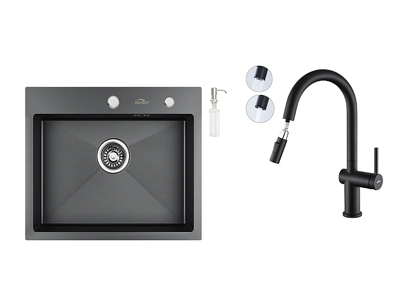   Évier Cuisine 1 Bac 55*45CM Noir +robinet de cuisine rétractable à deux fonctions, Noir