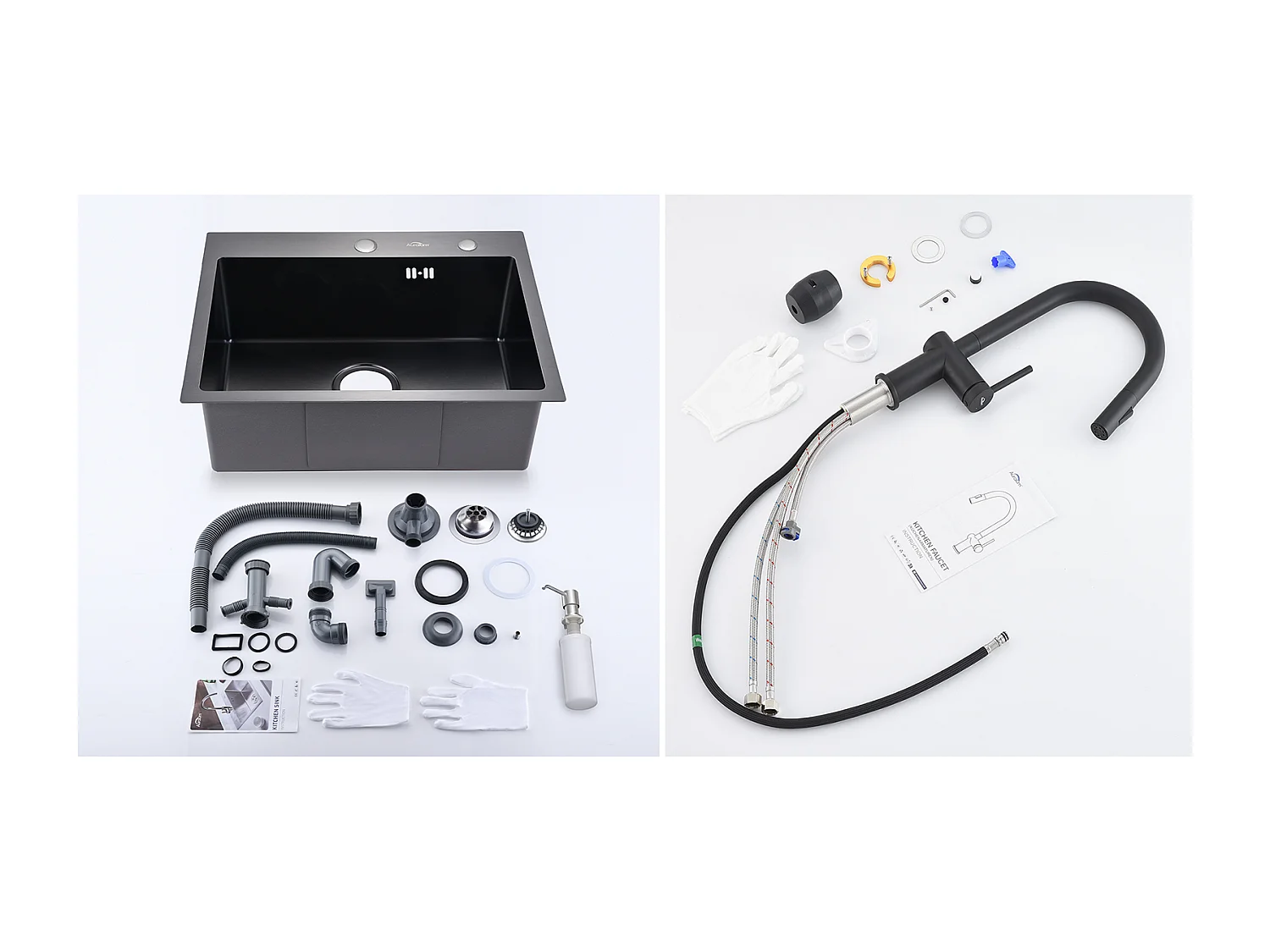   Évier Cuisine 1 Bac 55*45CM Noir +robinet de cuisine rétractable à deux fonctions, Noir